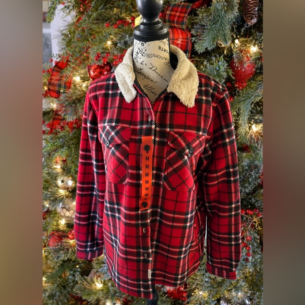 🆕 Soho Threads Red Plaid Sherpa Collar Jacket ~ teddy jacket